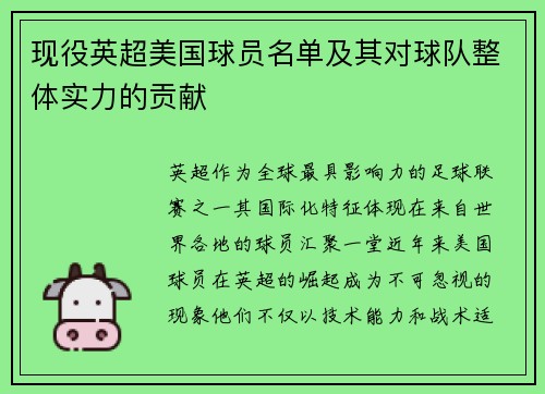 现役英超美国球员名单及其对球队整体实力的贡献