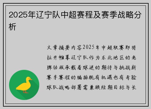2025年辽宁队中超赛程及赛季战略分析